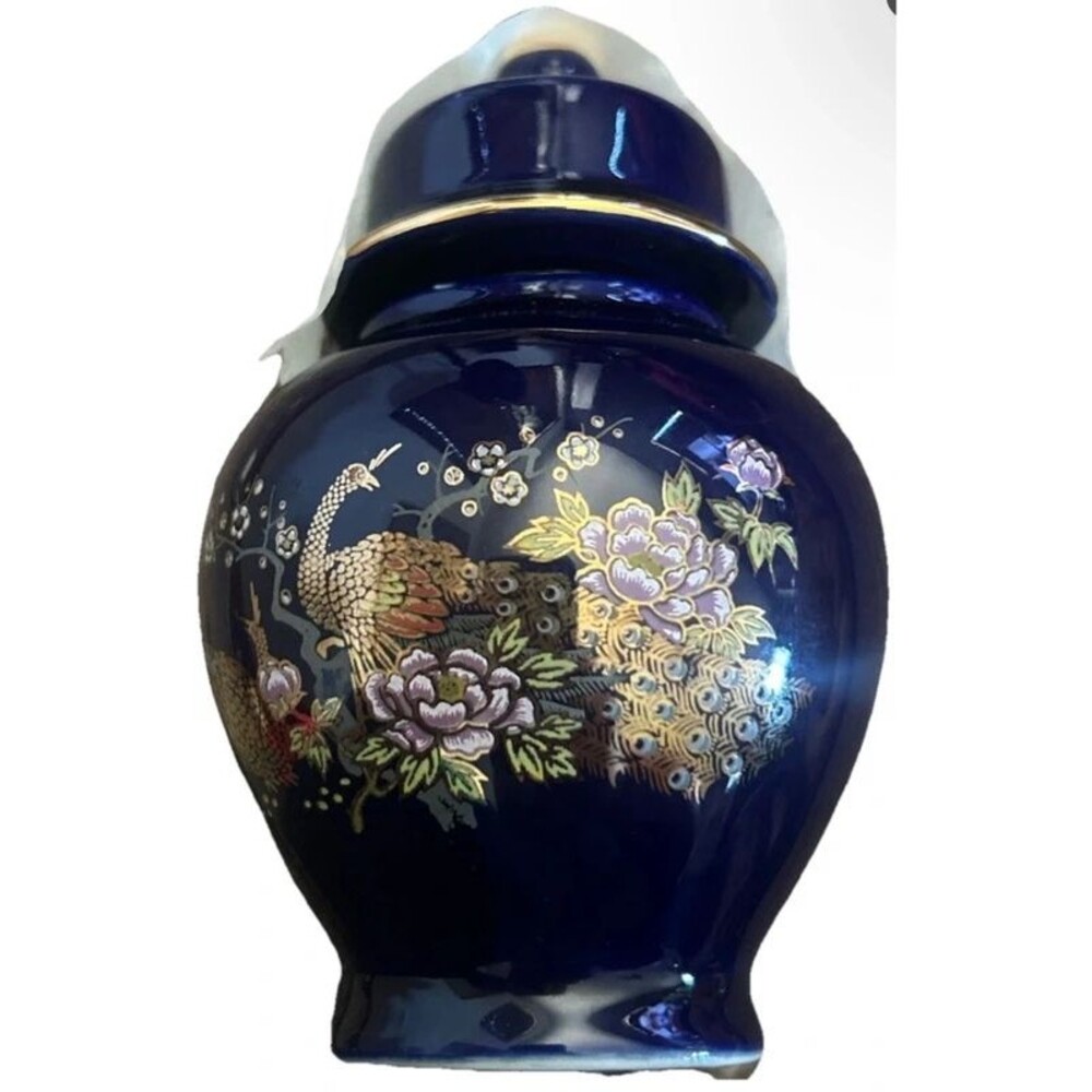 Vintage Ginger Jar With Lid OMC Japan Floral Peacock Black Gold 4.5" Tall